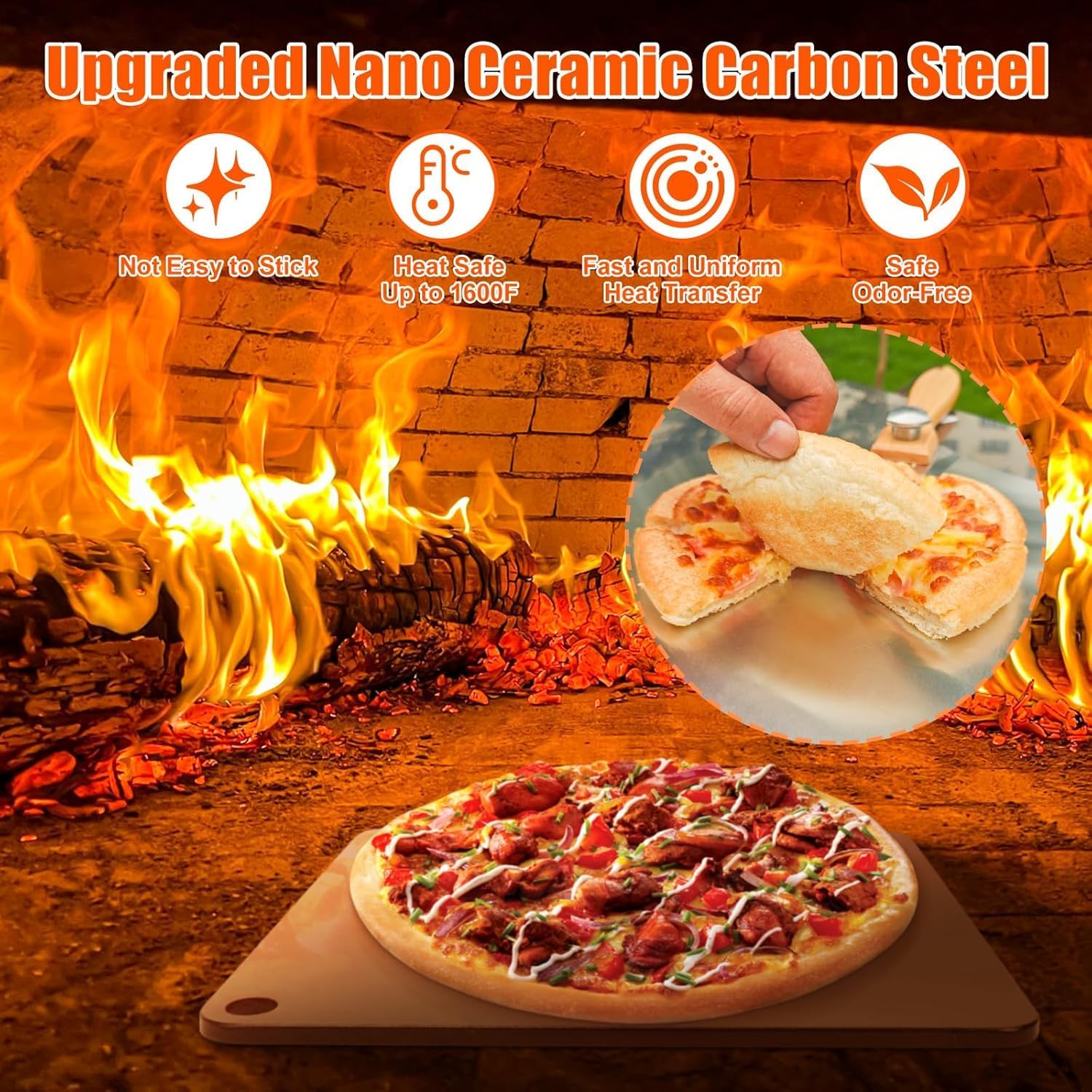 Hisencn Pizza Steel for Oven and Grill, 16 x16 inch Square Ceramic Pizza Steel 1/4" Thick, With Pizza Cutter Rocker, Measuring Scale Scraper, Plastic Cutter & 20 Cooking Papers