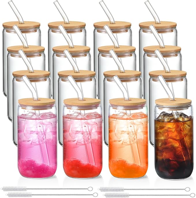 16 Pack Glass Cups with Lids and Straws 16 oz, Personalized Customizable Glasses by NETANY