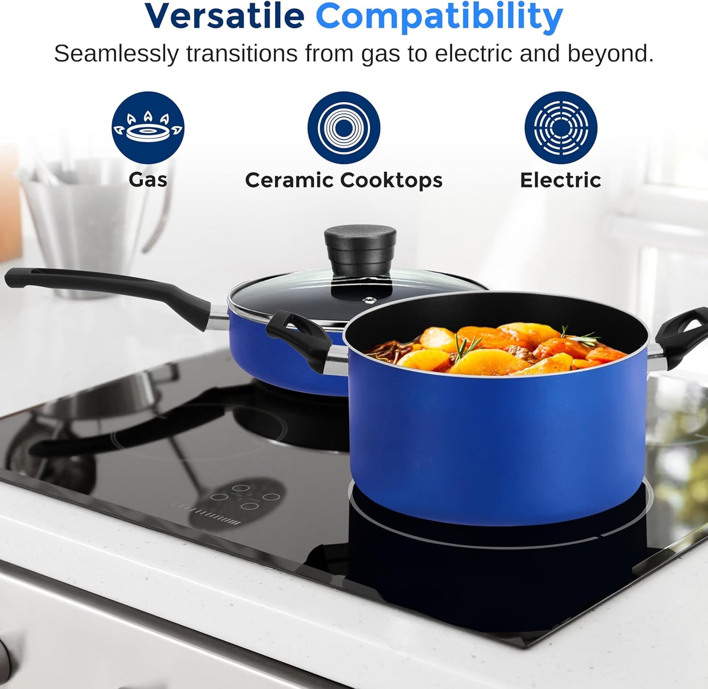 SereneLife 15-Pc Blue Cookware Set - Non-Stick, Heat-Resistant Pots & Pans with Lids, Dishwasher Safe, Includes Matching Utensils