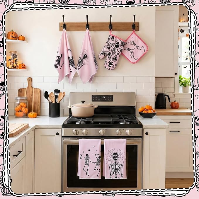 Leinuosen 8 Pcs Skull Kitchen Decor Set Kitchen Towels Gothic Oven Mitts and - Image 6