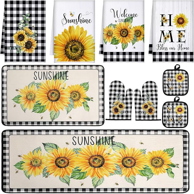 Fourluoo 10 Pcs Sunflower Kitchen Decor 4 Black and White Buffalo Plaid Dish by Fourluoo