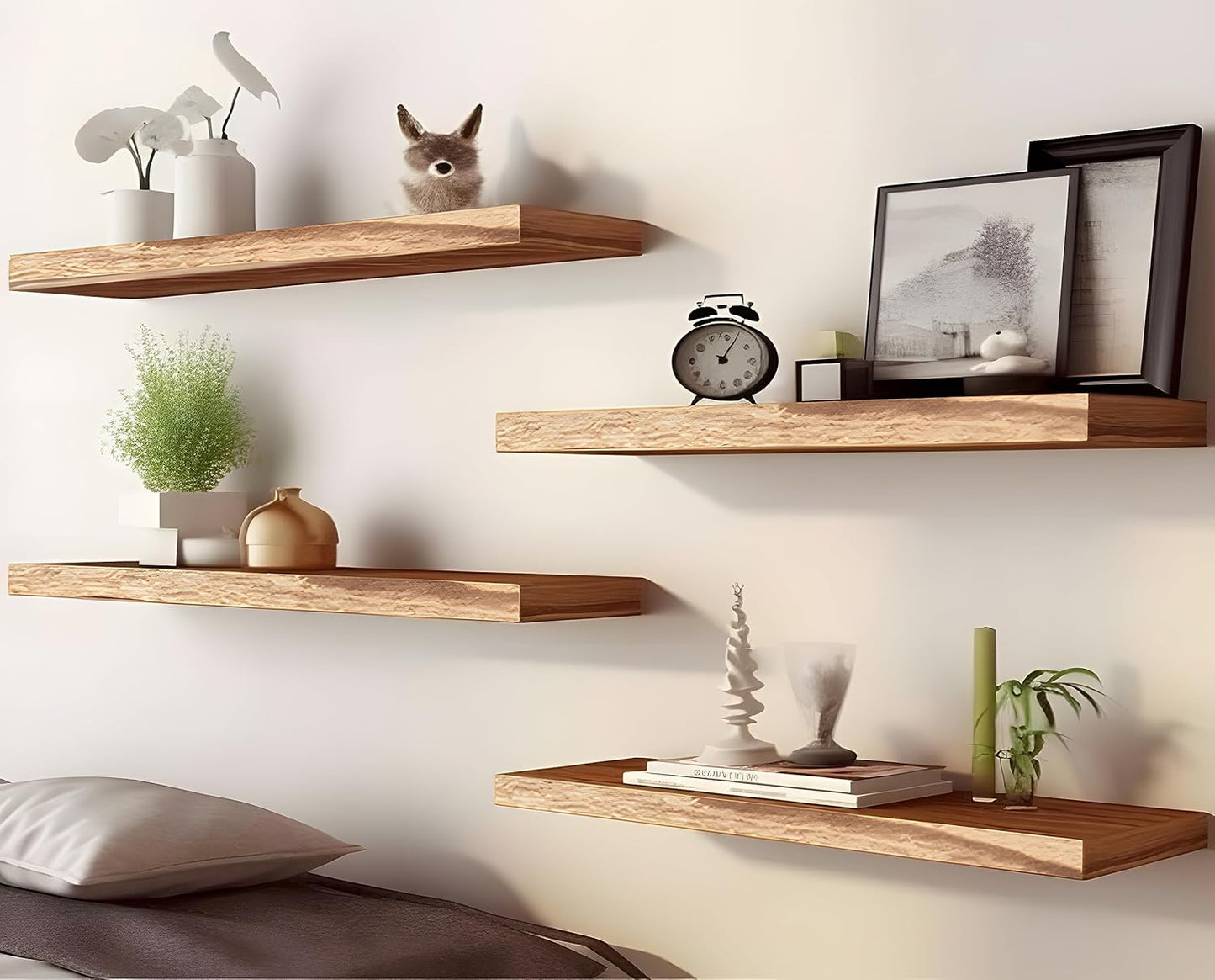 Wood Floating Shelves for Wall, Wooden Wall Shelves for Bedroom, Wall Mounted Shelves for Living Room, Set of 4 Light Brown 16 Inch