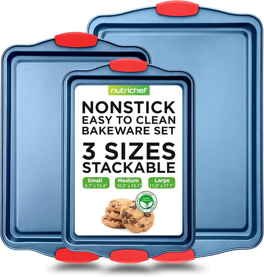 NutriChef Nonstick 3-Piece Baking Pans Set – Carbon Steel Bakeware with Blue Coating Inside & Outside and Red Silicone Handles, Durable and Reliable, Effortless Baking and Easy Cleanup (Blue)