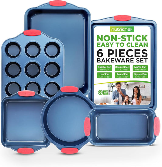 NutriChef 6-Piece Bakeware Set - Nonstick Carbon Steel Baking Pans with Red Silicone Handles, Blue Coating, Durable & Stain-Resistant, Perfect for Baking Cakes, Muffins, Cookies (Blue)