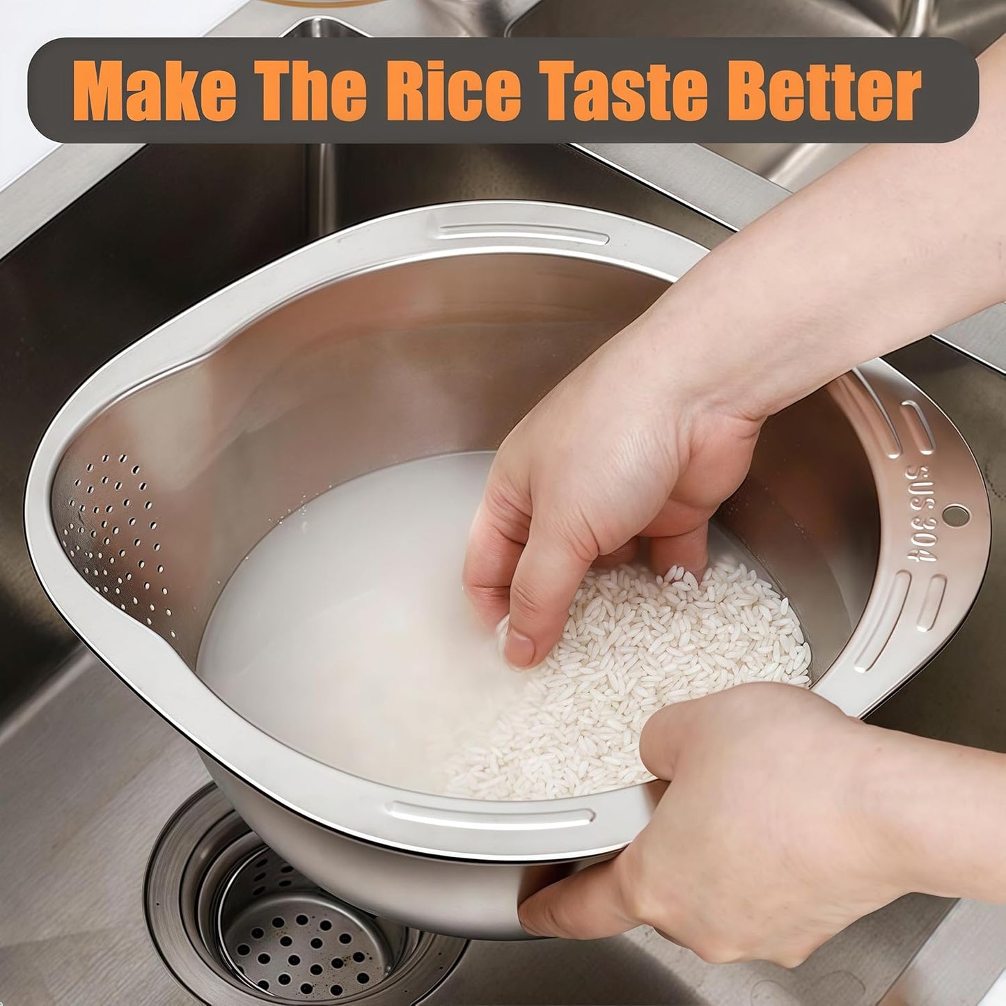 Rice Washer Strainer Bowl, Stainless Steel Washing Bowl, Quinoa Colander Versatile Side Drainers for Cleaning Rinsing Fruits, Vegetables, and Beans - Multifunctional Drain Basket