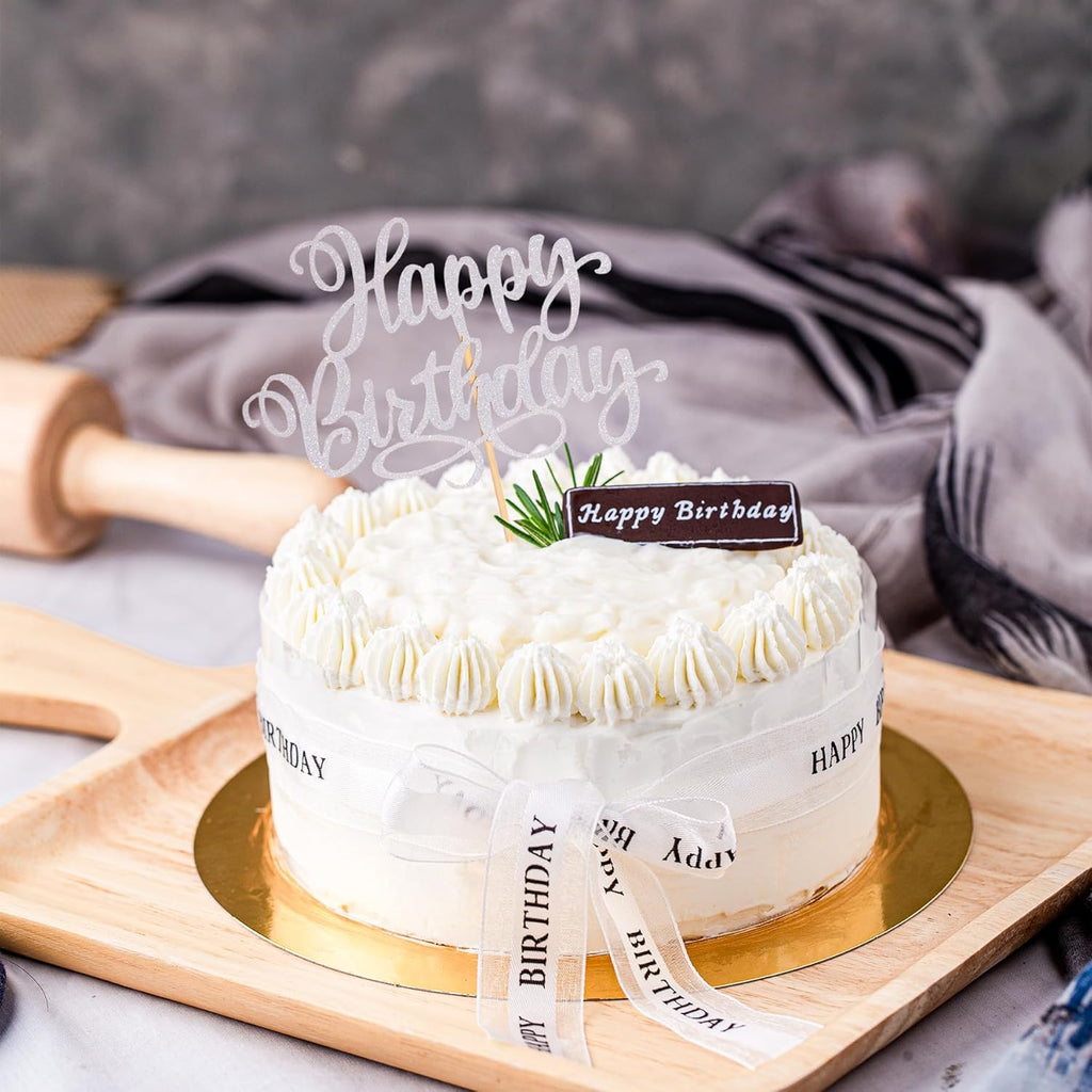 Happy Birthday Cake Toppers 9 Inch Glitter Happy Birthday Cake Pick for Birthday Anniversary Theme Party Cake Decorations Supplies - Silver