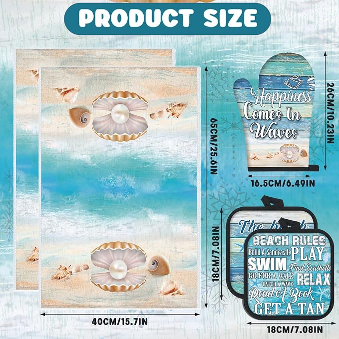 6 Pcs Summer Beach Kitchen Towels Pot Holders and Oven Mitts Set Include - Image 2