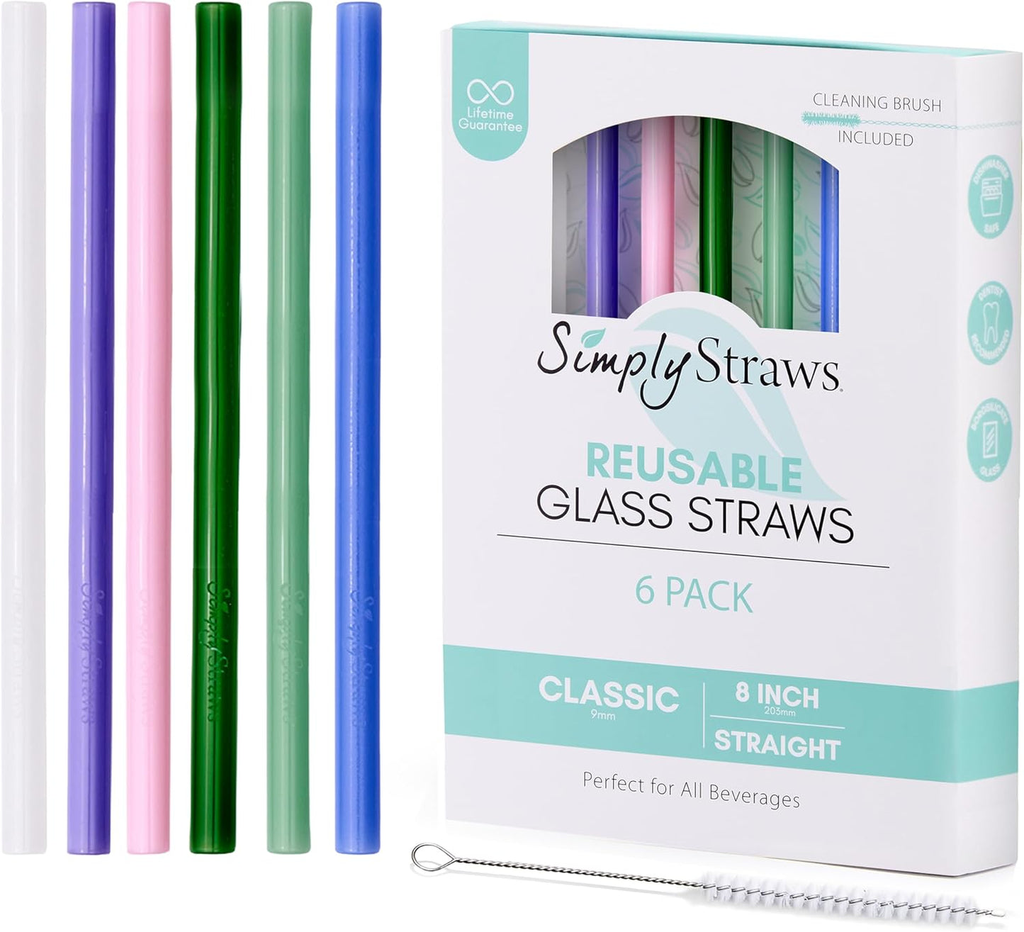Simply Straws 8 Inch Glass Straws Straight (6-Pack) – Reusable Glass Straws for Pints & Juice Drinkware, with Cleaning Brush – Dishwasher Safe, Hot & Cold Use, BPA-Free (Cote d'Azur)