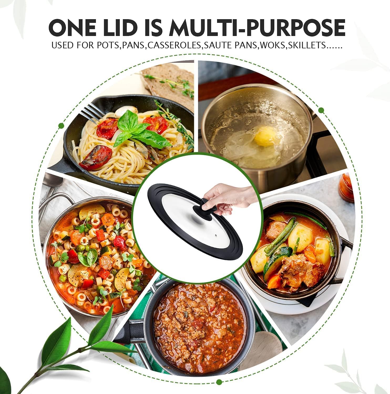Universal Lids for Pots, Pans & Skillets - Fits 7", 8" & 9" Diameter, 10", 11" & 12" Diameter Cookware, Tempered Glass with High Heat Resistant Silicone Rim (2PK)