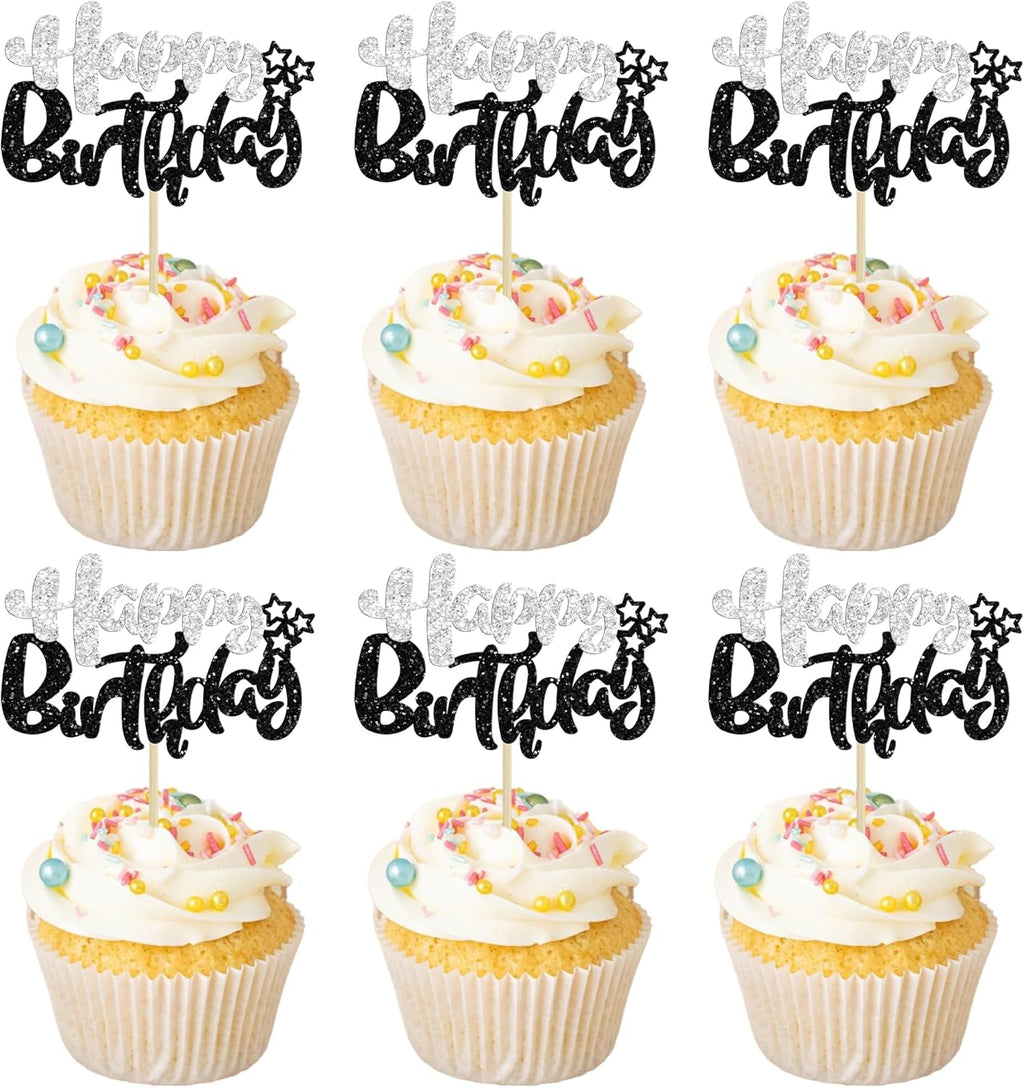 Ephlyn 24Pcs Happy Birthday Cupcake Toppers - Black Silver Glitter - Double Layer - Perfect for Birthday, Baby Shower & Anniversary Parties