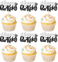 Ephlyn 24Pcs Happy Birthday Cupcake Toppers - Black Silver Glitter - Double Layer - Perfect for Birthday, Baby Shower & Anniversary Parties