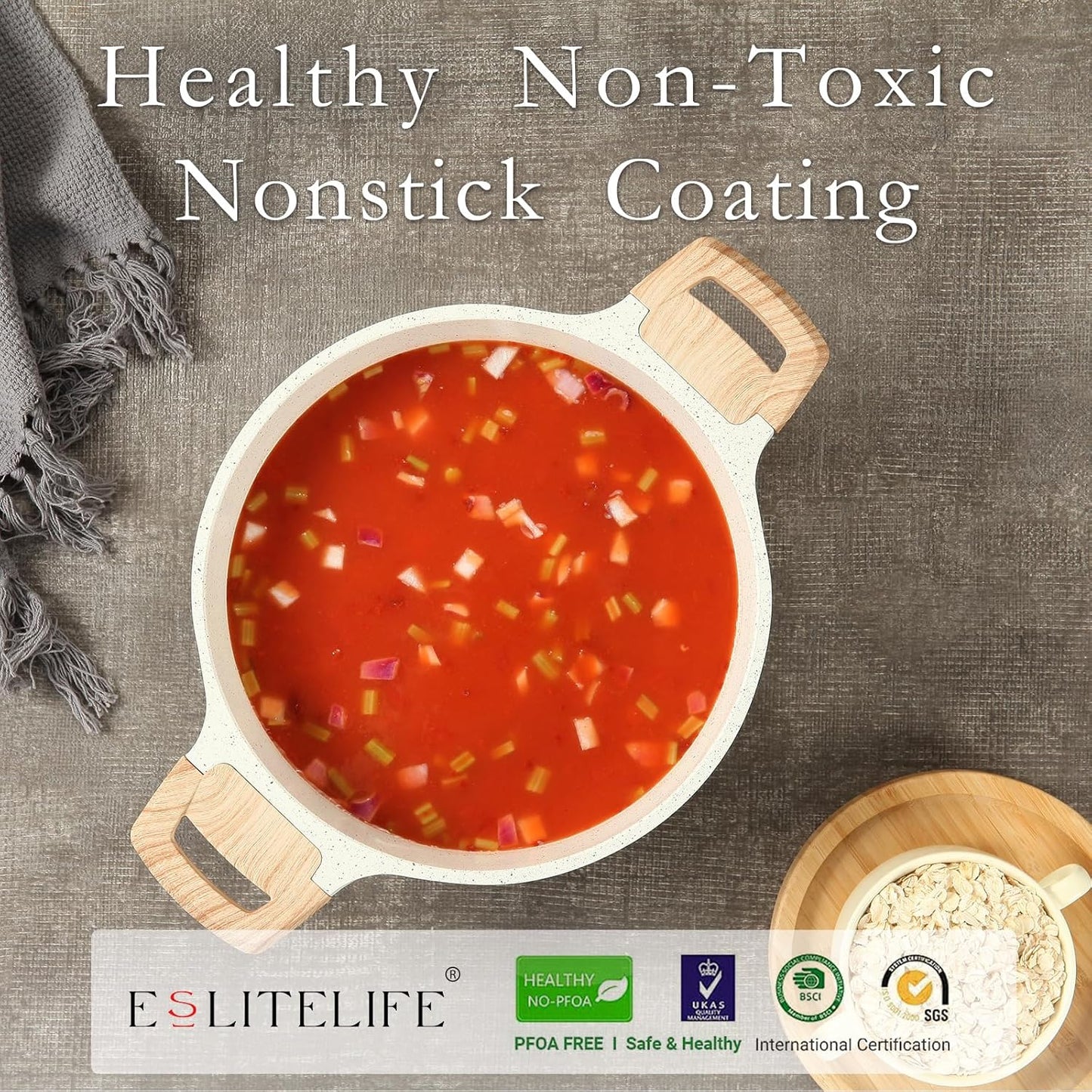 ESLITE LIFE Nonstick Stock Pot with Lid, 3 Quart Granite Casserole Small Soup Pot Pasta Cooking Pot, Induction Compatible, PTFE & PFOA Free, White