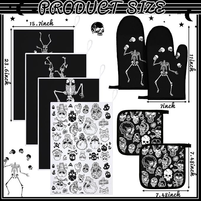 Leinuosen 8 Pcs Skull Kitchen Decor Set Kitchen Towels Gothic Oven Mitts and - Image 3