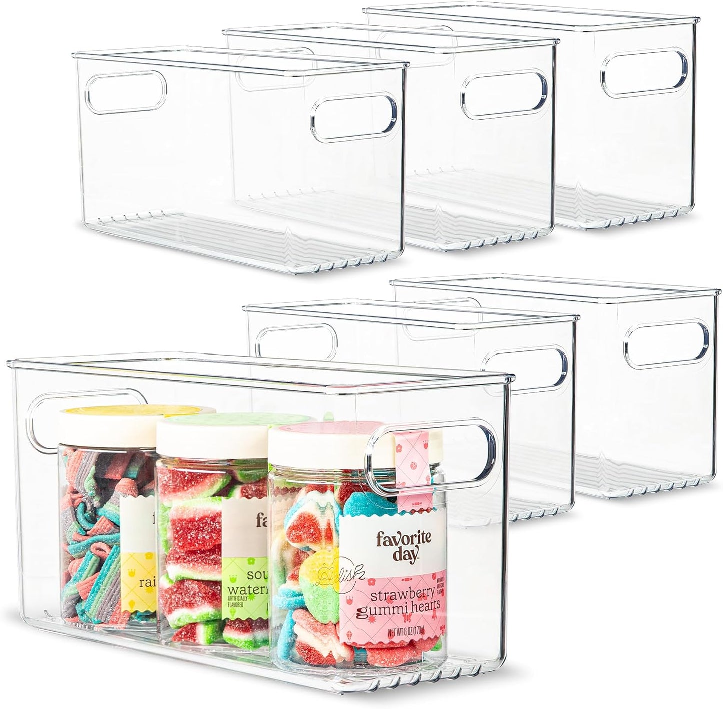 6 pack Clear Plastic Storage Container Bin with Integrated Easy Grip Handles. For Kitchen, Fridge, Freezer, Cabinet, Pantry, Bathroom Organization. 10"x4"x5"