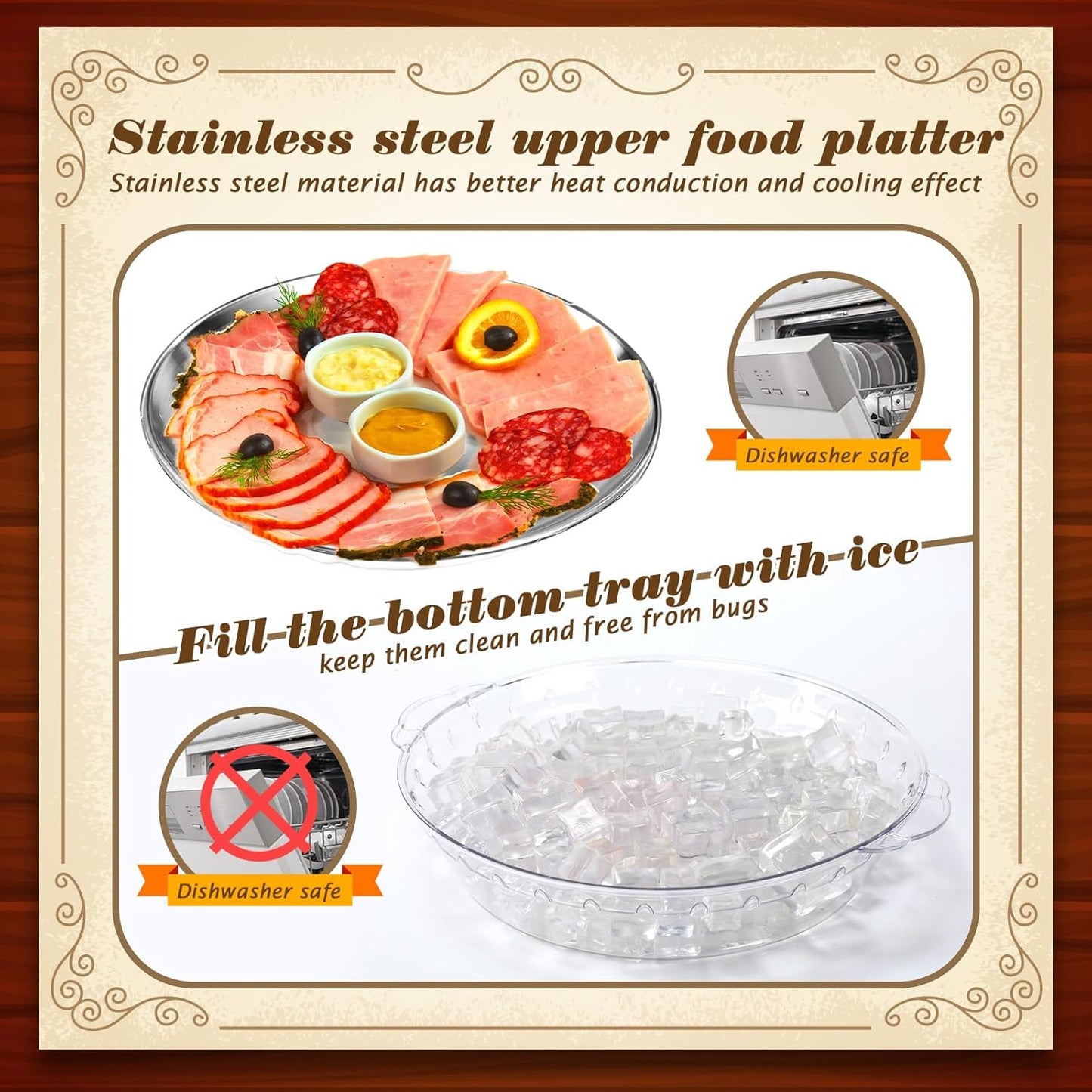 Baderke 6 Set 11.8" Chilled Serving Tray for Parties with Compartments Ice Chilled Party Platter Charcuterie Serving Board Cold Dish Dip for Fruit Seafood Vegetable Shrimp Cocktail (Natural)