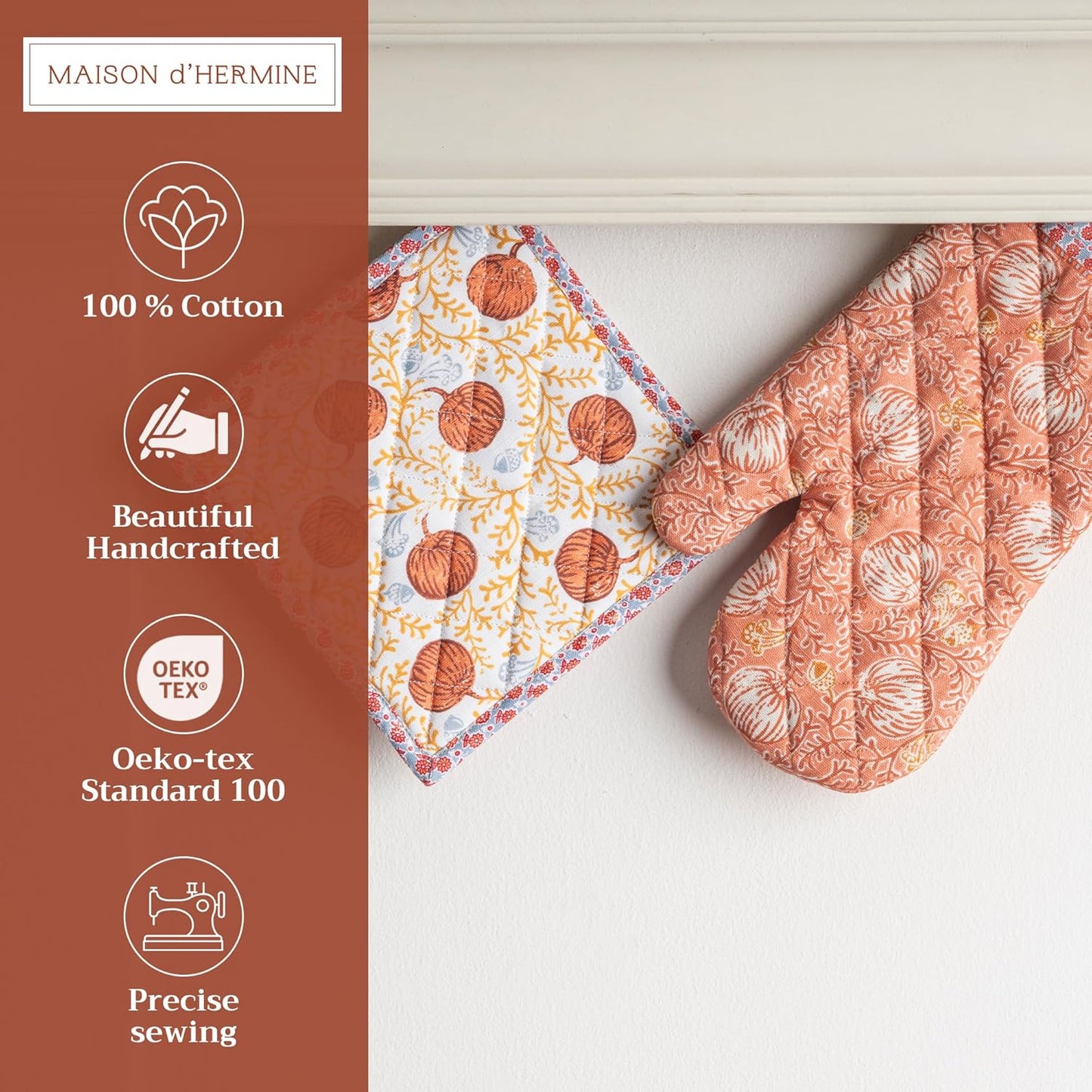 Maison d' Hermine 100% Cotton Oven Mitt & Pot Holder Set (7.5"x13" & 8"x8") Heat Resistant BBQ Cooking Gloves with Loop, Baking, Grilling, Kitchen, Handling Hot Pans (Harvest Festival)