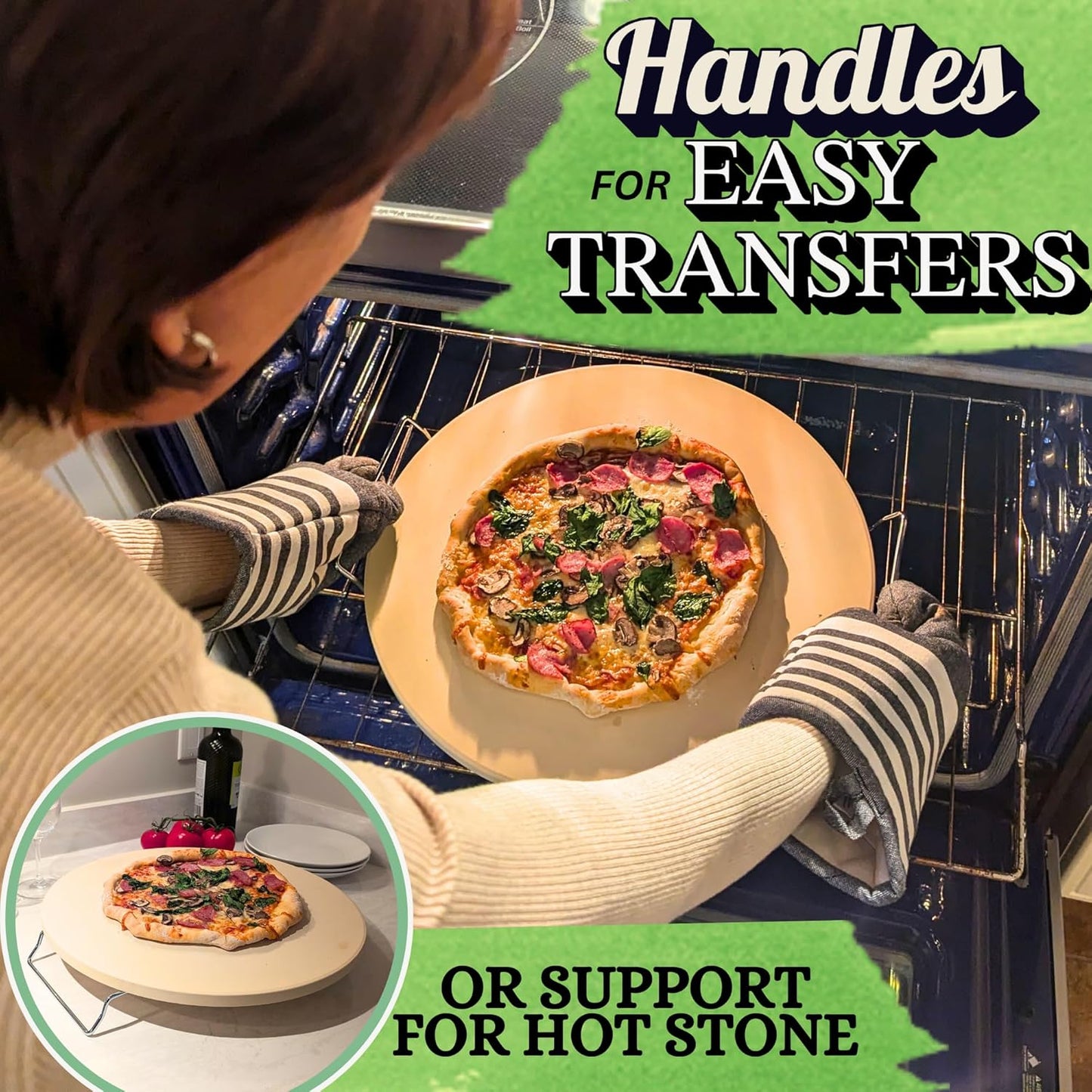 16 inch Round Pizza Stone for Oven - Large Pizza Stone for Grill with Handles and Dough Tool - Round Baking Stone for Bread - Pizza Making Accessories - Cooking Gifts for Food Lovers