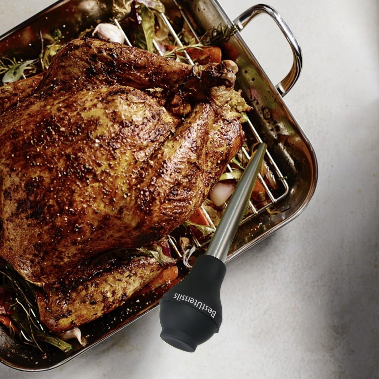 Best Utensils Stainless Steel Turkey Baster Commercial Grade Quality Silicone Bulb Including 2 Marinade Injector Needles And Brush For Easy Clean Up