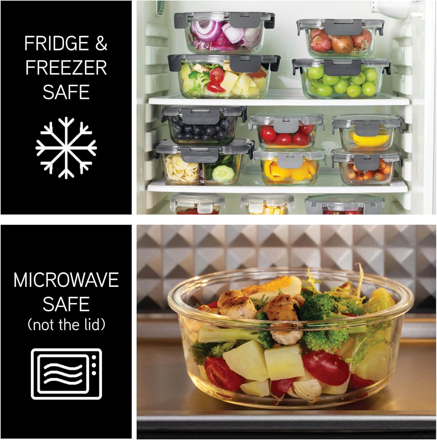 COOK WITH COLOR Premium 32-Pc. Borosilicate Glass Food Container Set with Dividers - 4 Rectangles, 8 Rounds, 4 Squares - Leakproof Lids - Meal Prep, Storage, Ombre Black