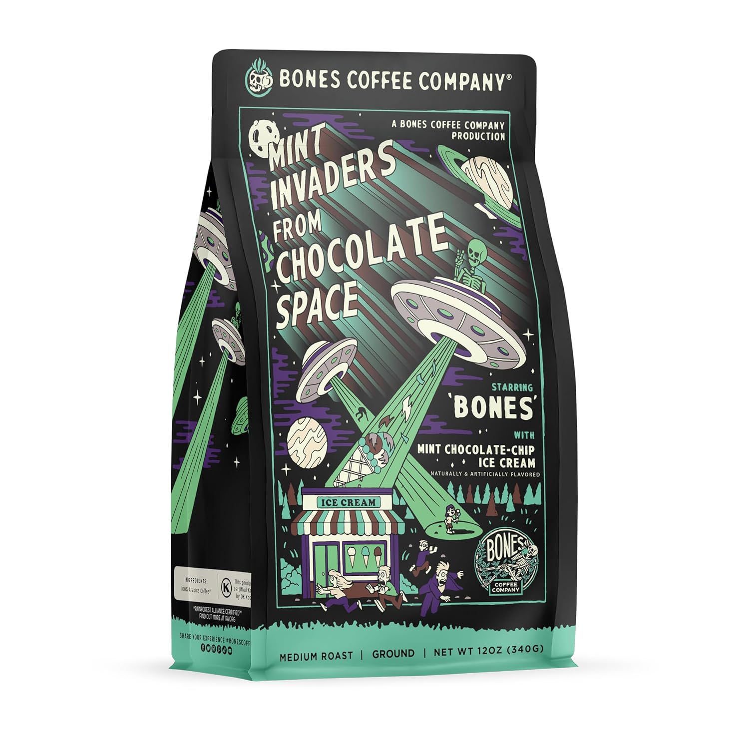 Bones Coffee Company Mint Invaders, Mint Chocolate Chip Flavored Coffee, Medium Roast Low Acid Arabica Beans Compatible with Auto drip and French Press Coffee Maker, 12 Oz Ground