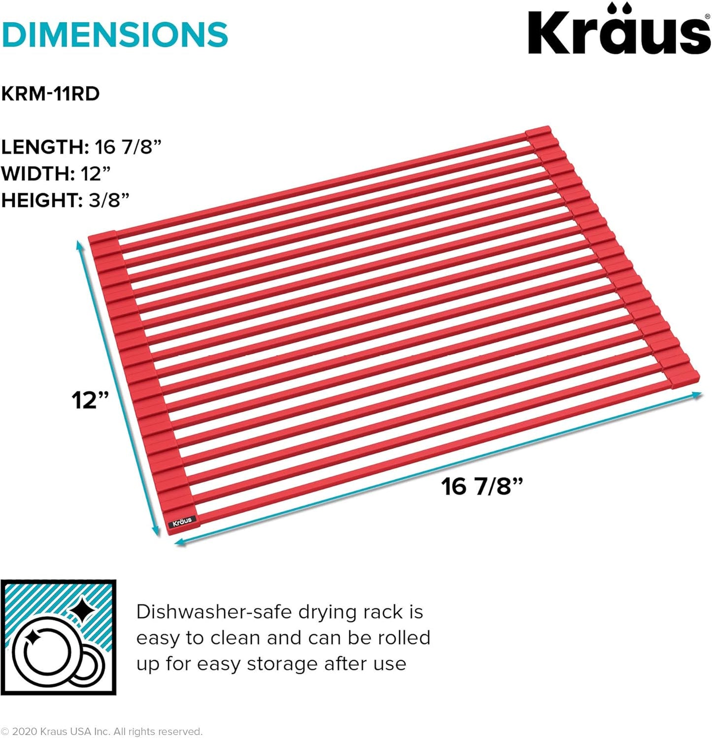 Kraus Multipurpose Workstation Sink Roll-Up Dish Drying Rack, Colander and Trivet in Red, KRM-11RD
