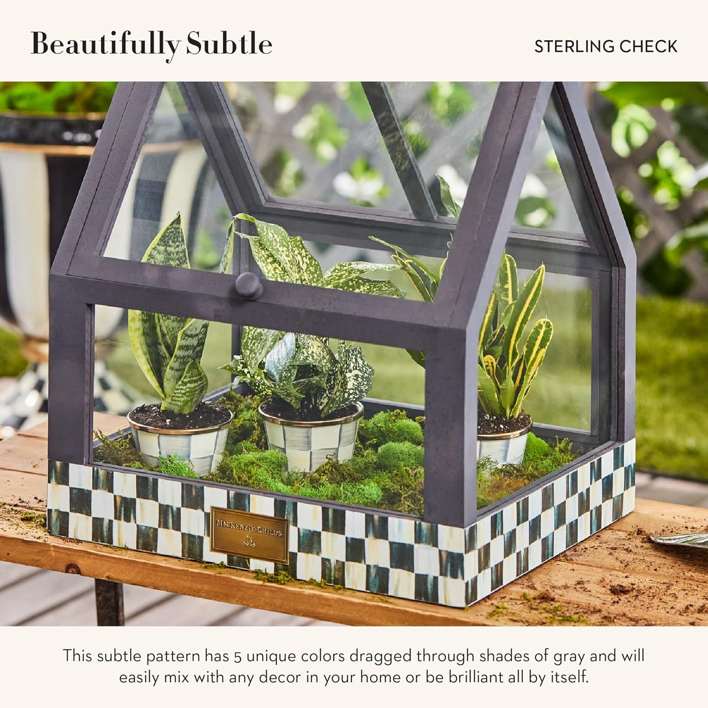 MACKENZIE-CHILDS Enamel Herb Pots, Small Plant Pots for Herbs or Flowers, Set of 3, Gray-and-White Sterling Check