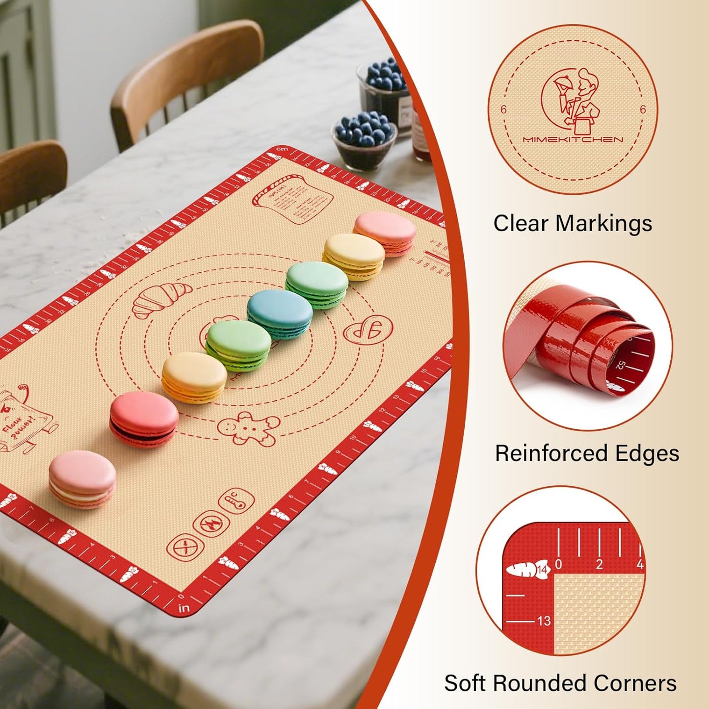 Non-Slip Silicone Baking Mat - 26x16 inch Extra Thick Pastry Mat with Measurements for Sourdough, Macarons, Bread, Pizza, Dough Rolling, Kneading, Heat Resistant to 480°F Gift for Baker