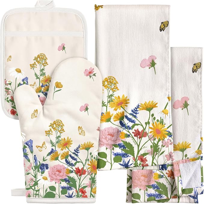 Miss Adola 270 GSM Cotton Kitchen Towels, Oven Mitt and Pot Holder by MissAdola