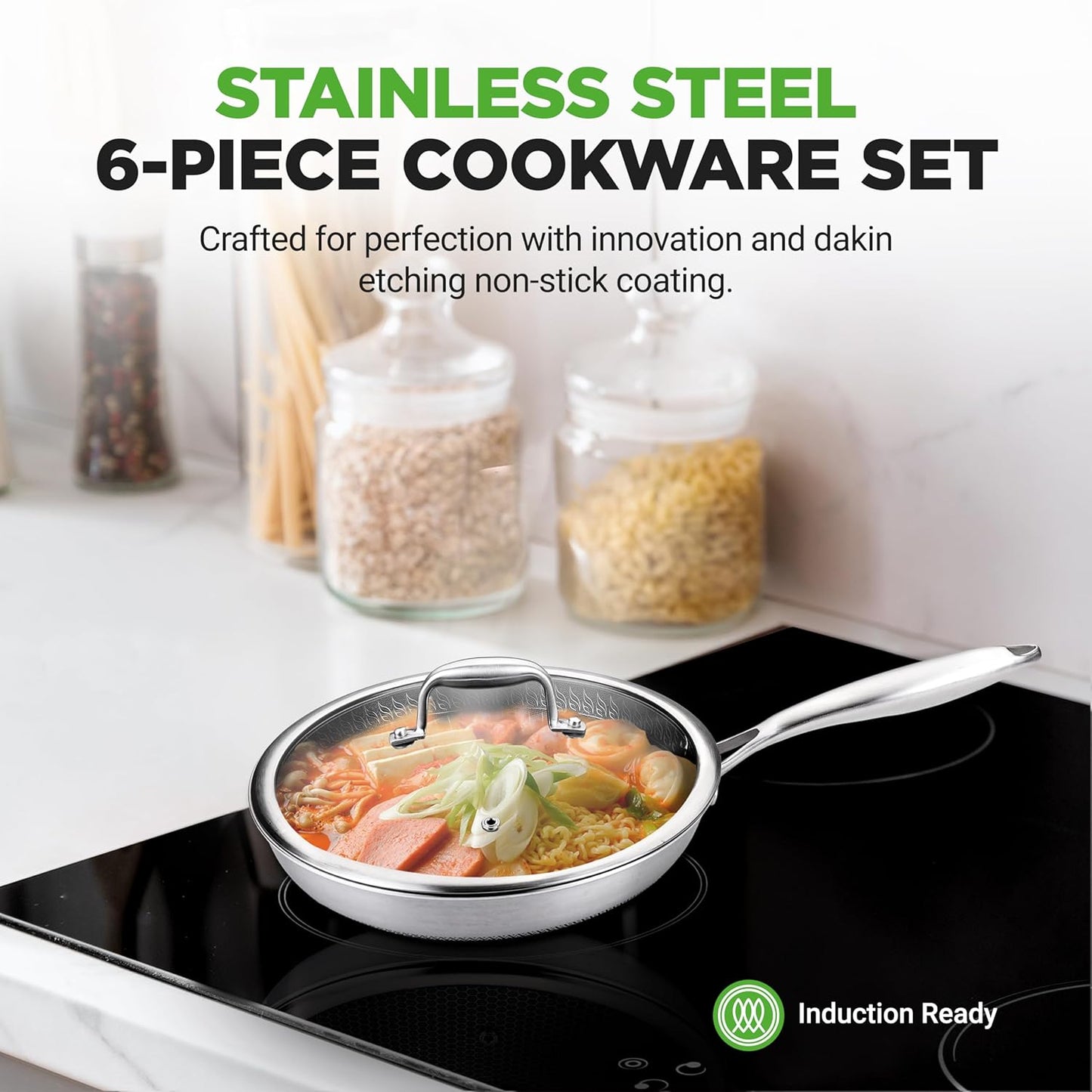 6-Piece Cookware Set Stainless Steel - 3 layers Kitchenware Pans Set Kitchen Cookware w/DAKIN Etching Non-Stick Coating - Small, Medium, & Large Stir Fry Pan with Lid - NutriChef NC3PFRY3