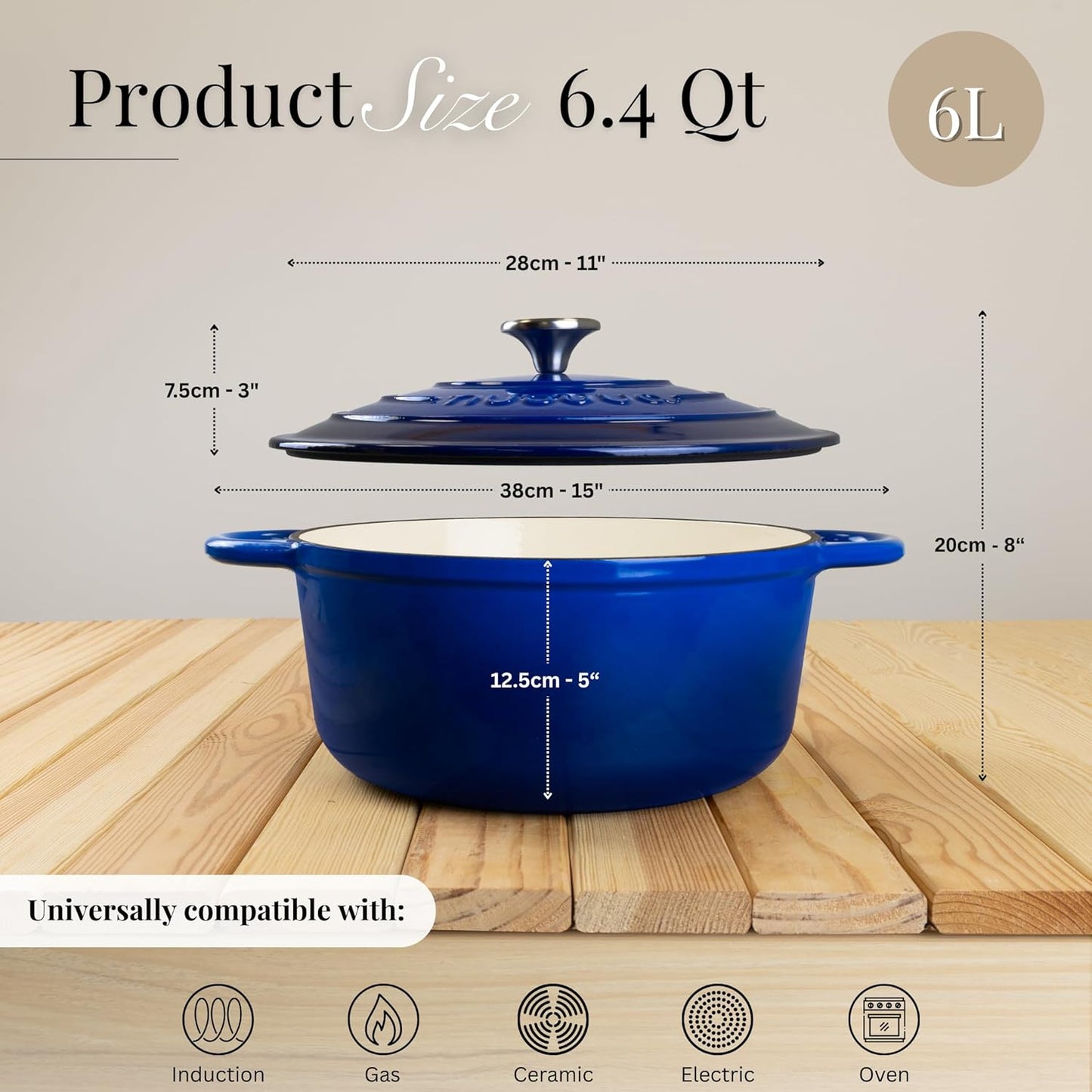 Nuovva Enamelled Cast Iron Dutch Oven Pot with Lid – 6.4 Quart Non Stick Casserole Pot – Heavy Duty & Oven Safe up to 500° F for Bread Baking, Braising, Stews, Roasting – 28cm Dark Blue
