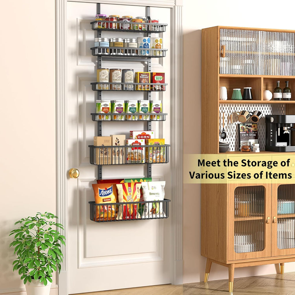 Moforoco 6-Tier Over The Door Pantry Organizer, Pantry Organization and Storage, Black Hanging Basket Wall Spice Rack Seasoning Shelves, Home & Kitchen Laundry Room Bathroom Essentials accessories