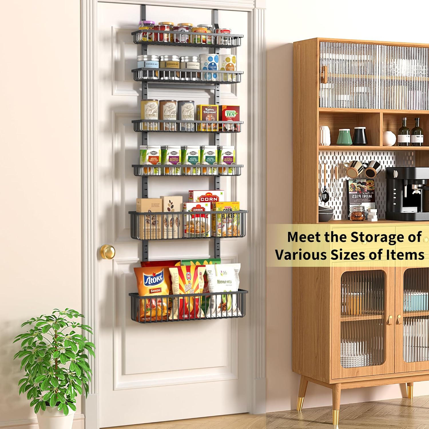 Moforoco 6-Tier Over The Door Pantry Organizer, Pantry Organization and Storage, Black Hanging Basket Wall Spice Rack Seasoning Shelves, Home & Kitchen Laundry Room Bathroom Essentials accessories