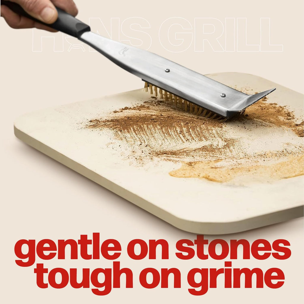 Hans Grill Cleaning Brush and Scraper for Pizza Stone/Oven | 17” 2-in-1 Tool with Non Scratch Heat Proof Brass Bristles and Stainless Steel Scraper | Heat Resistant Brush Head and Handle