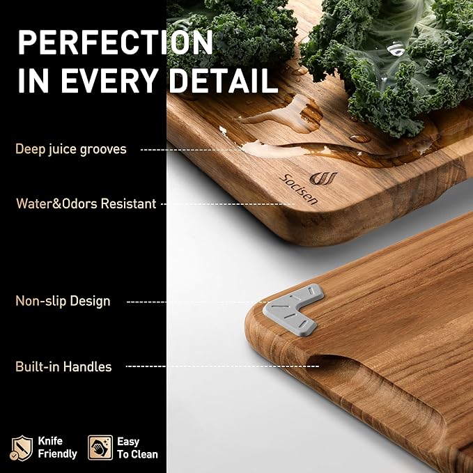 2 Pack Teak Cutting Board for Kitchen Wooden Chopping Board Charcuterie Board - Image 4