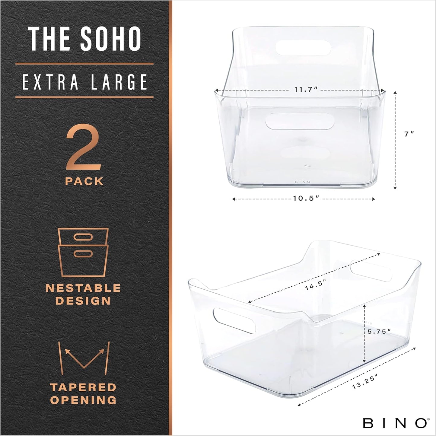 BINO | Plastic Storage Bins, X-Large - 2 Pack, Clear | THE SOHO COLLECTION | Pantry Organizers and Storage Containers Fridge Organizer Bins Kitchen Cabinet Organizer Medicine Cabinet Organizer Bin