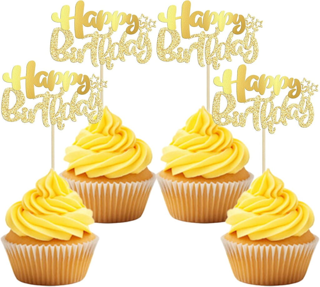 Ephlyn 24Pcs Gold Metallic Happy Birthday Cupcake Toppers for Birthday, Baby Shower & Anniversary Parties