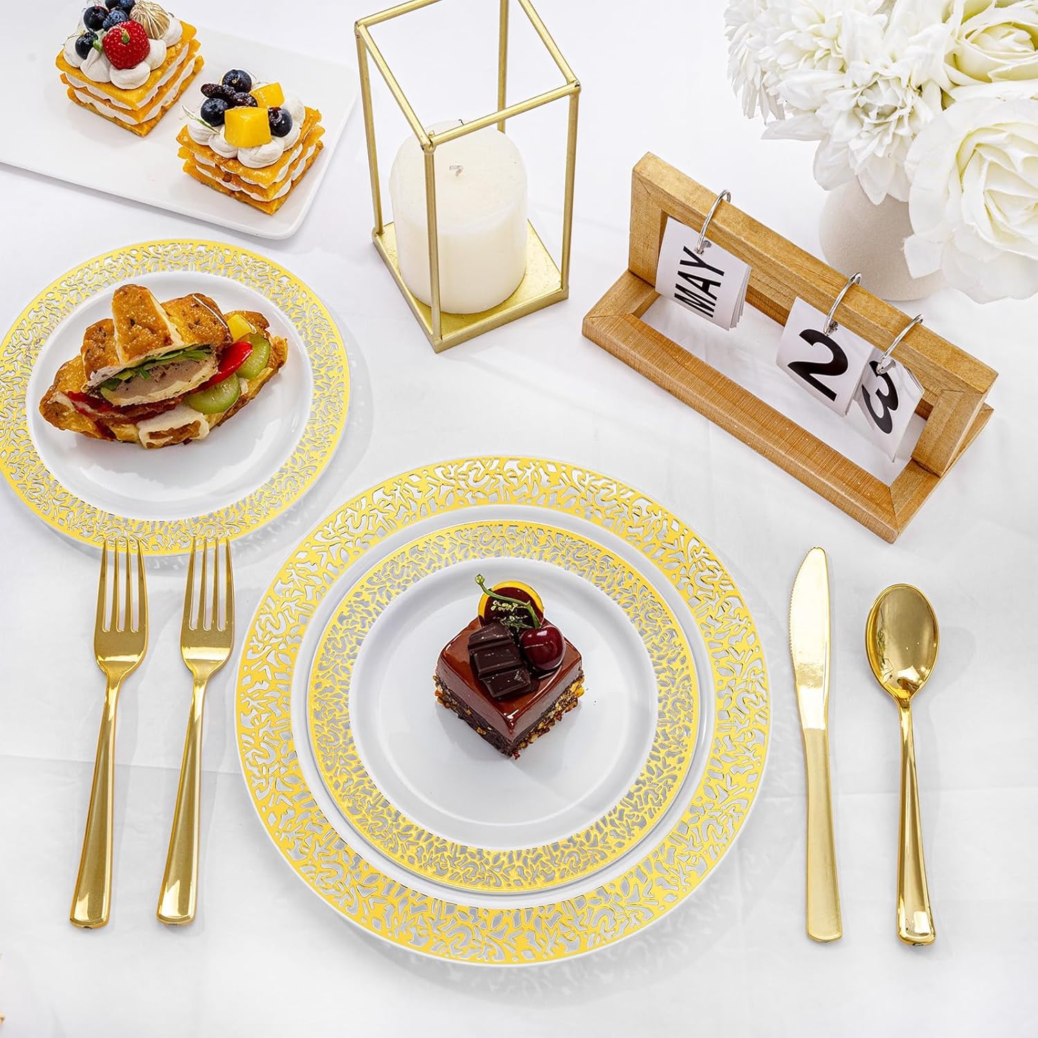 I00000 200 Pieces White and Gold Plastic Plates, Disposable Plastic Plates for 100 Guests Include: 100 Pcs Dinner Plate 10.25” and 100 Pcs Dessert Plate 7.5” with Gold Lace Rim Perfect for Party