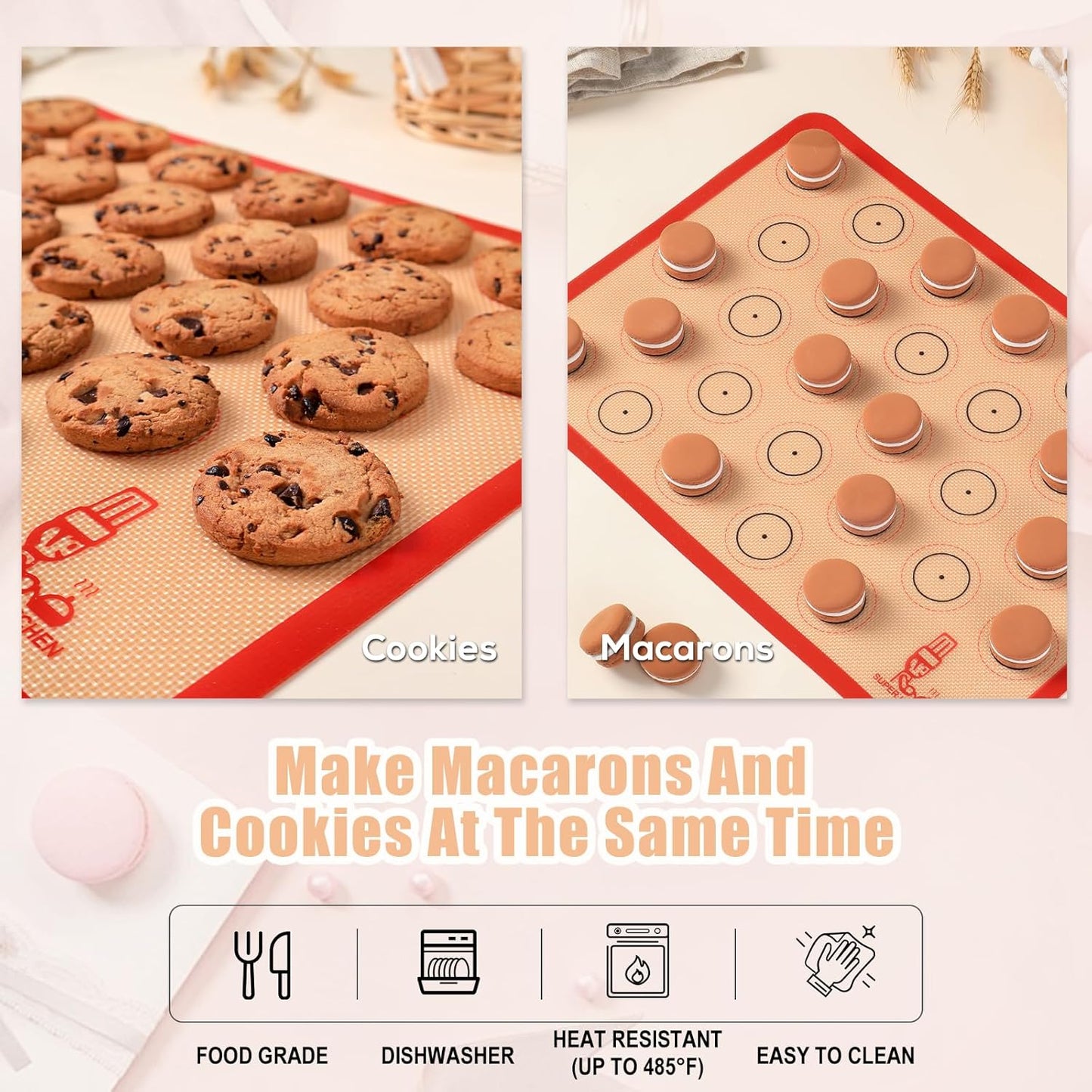 Folksy Super Kitchen Silicone Macaron Baking Mat - Set of 3 (2 Half Sheet and 1 Quarter Sheet), Non Stick Silicon Oven Liner For Macaroons and Cookies (16.5x11.6, Red)