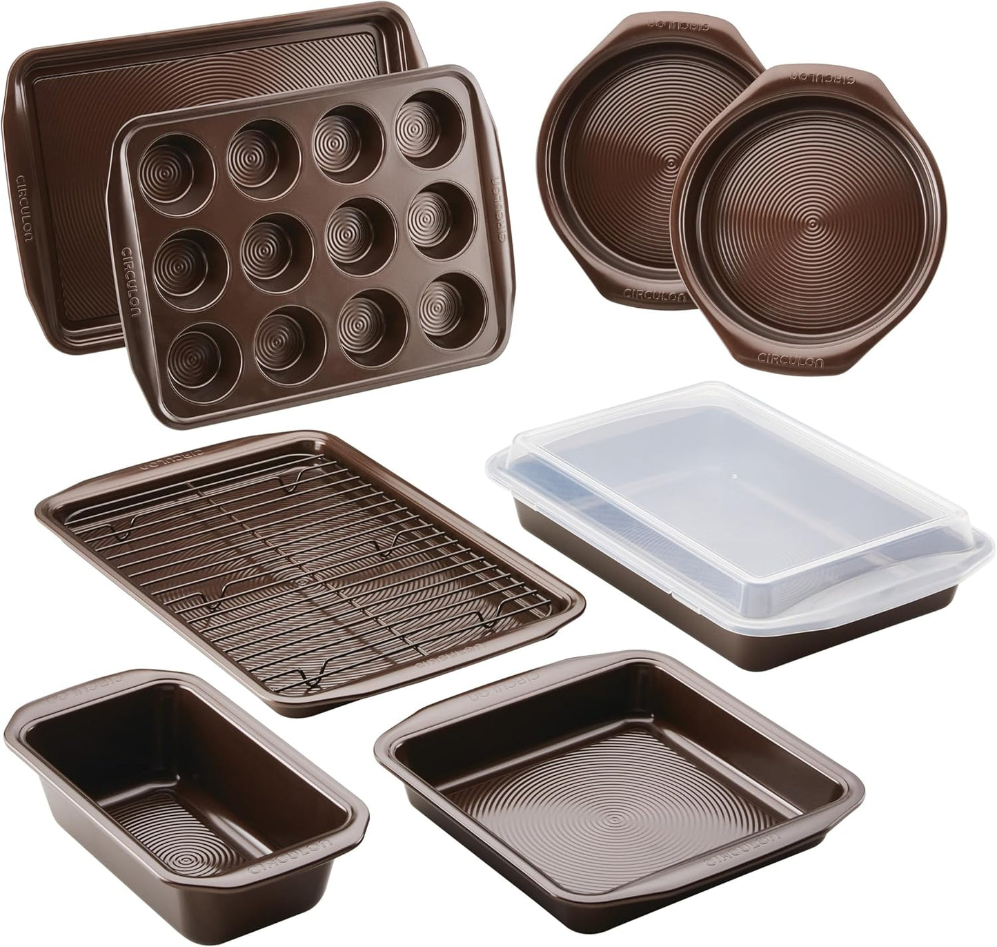 Circulon Nonstick Bakeware Set with Nonstick Bread Pan, Baking Pans, Baking Sheets, Cookie Sheets, Cake Pan and Muffin Pan / Cupcake Pan - 10 Piece, Chocolate Brown