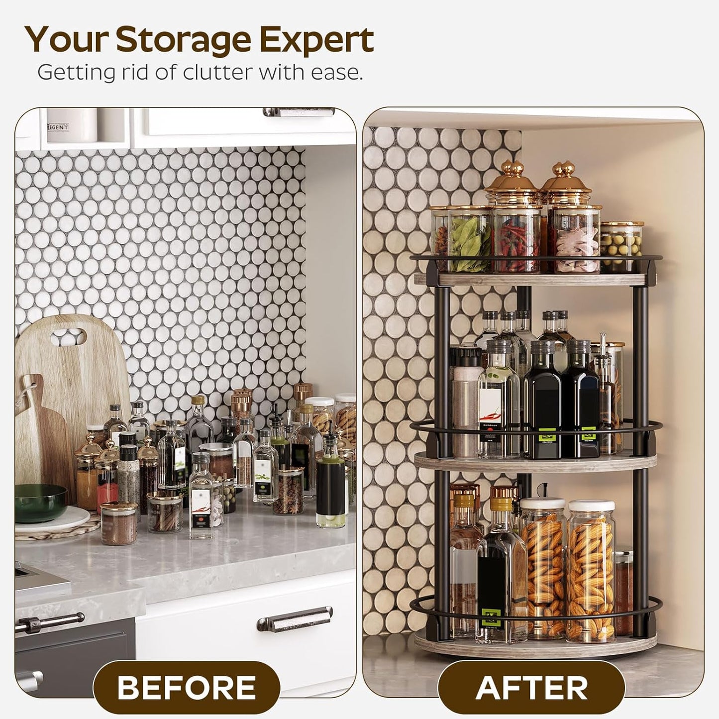 3-Tier Lazy Susan Organizer, Rotating Spice Rack, Spinning Organizer, Industrial Turntable Spice Rack Organizer for Cabinet, Kitchen Countertop, Greige and Black SR23BG