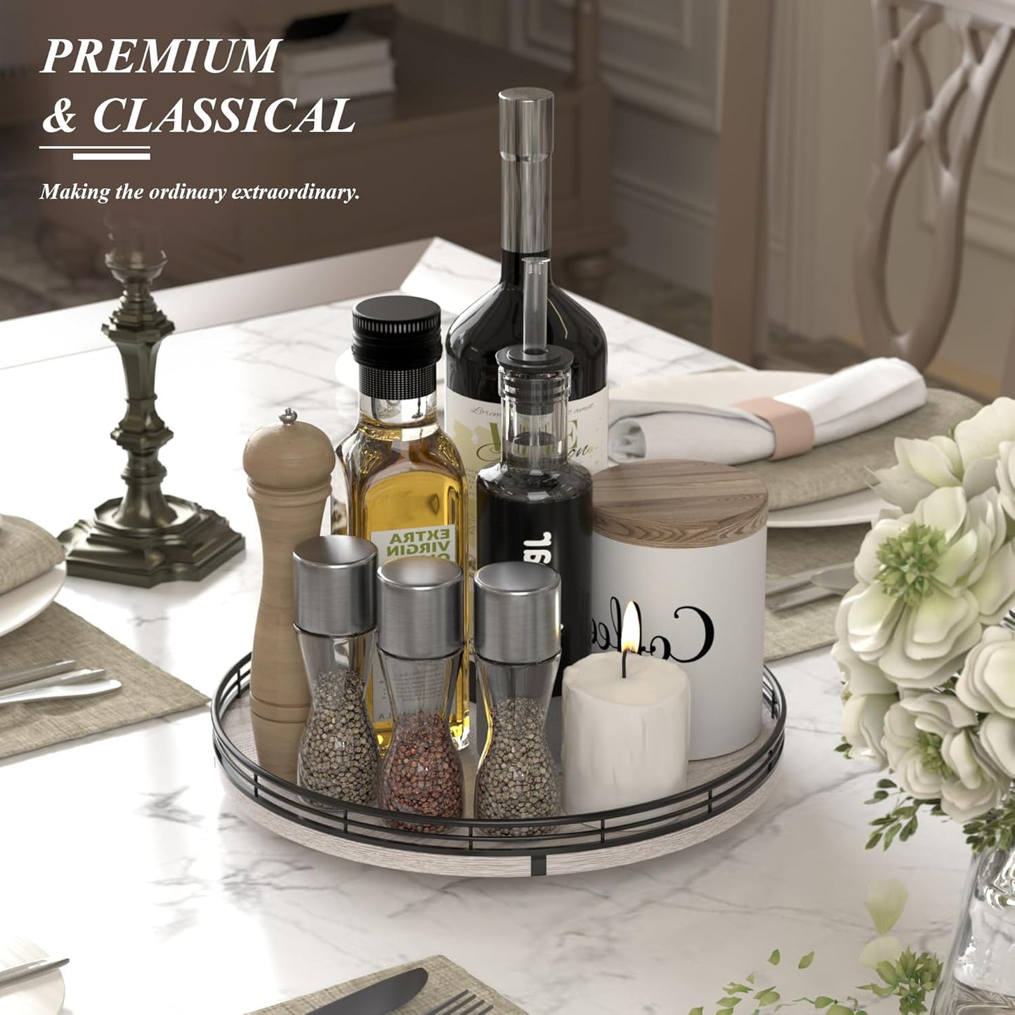 12" Farmhouse Lazy Susan for Kitchen & Coffee Table Decor – Rustic Wood Tray with Black Metal Frame, Decorative Centerpiece for Dining Room, Ottoman, Living Room, Serving or Vanity Use