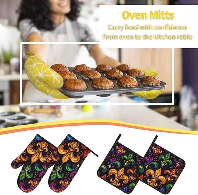 Colorful Fleur De Lis Oven Mitts and Pot Holders Sets Mardi Gras Kitchen Oven - Image 6