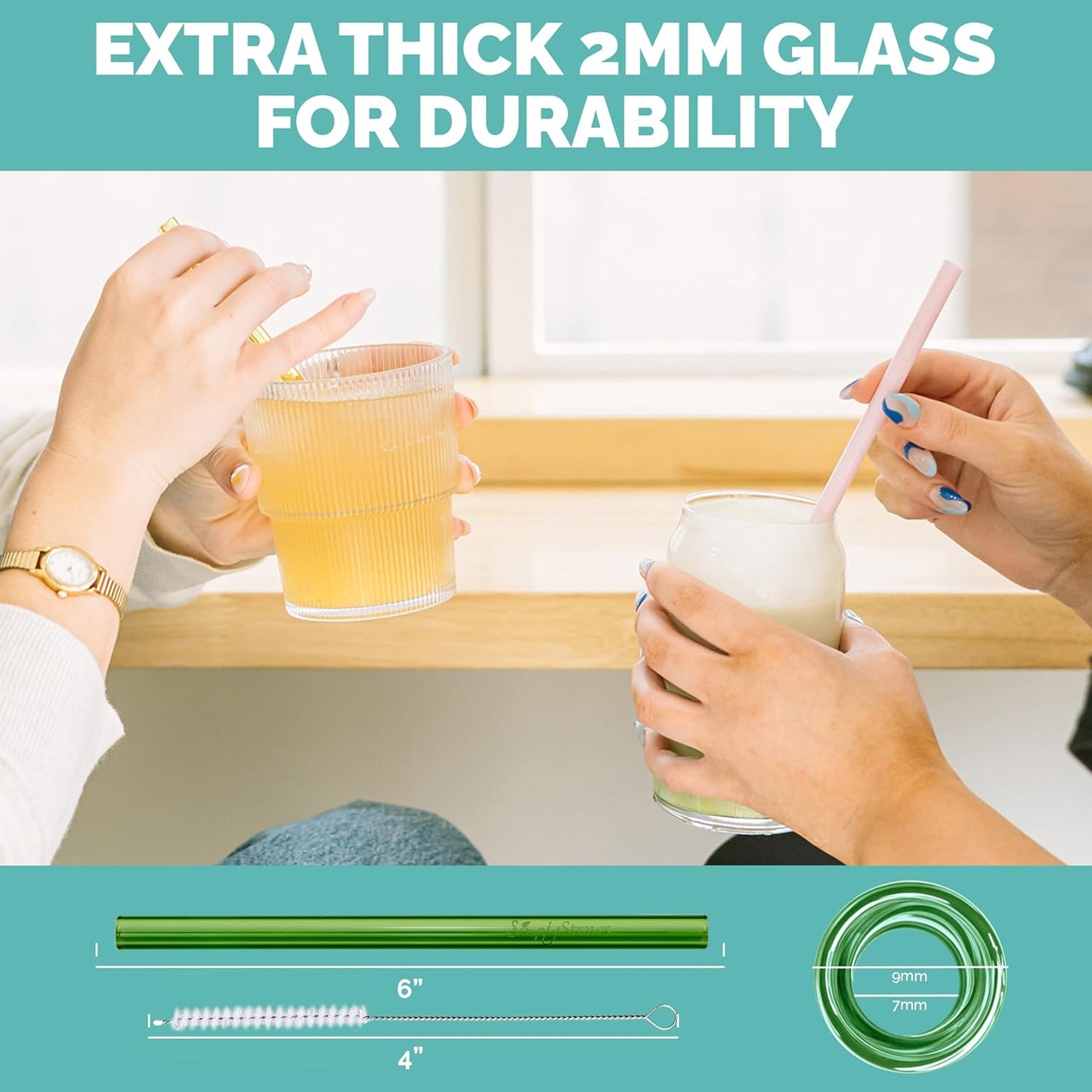 Simply Straws 6 Inch Glass Straws Straight (6-Pack) – Reusable Glass Straws for Low Balls & Stemless Glasses, with Cleaning Brush – Dishwasher Safe, Hot & Cold Use, BPA-Free (Iridium)