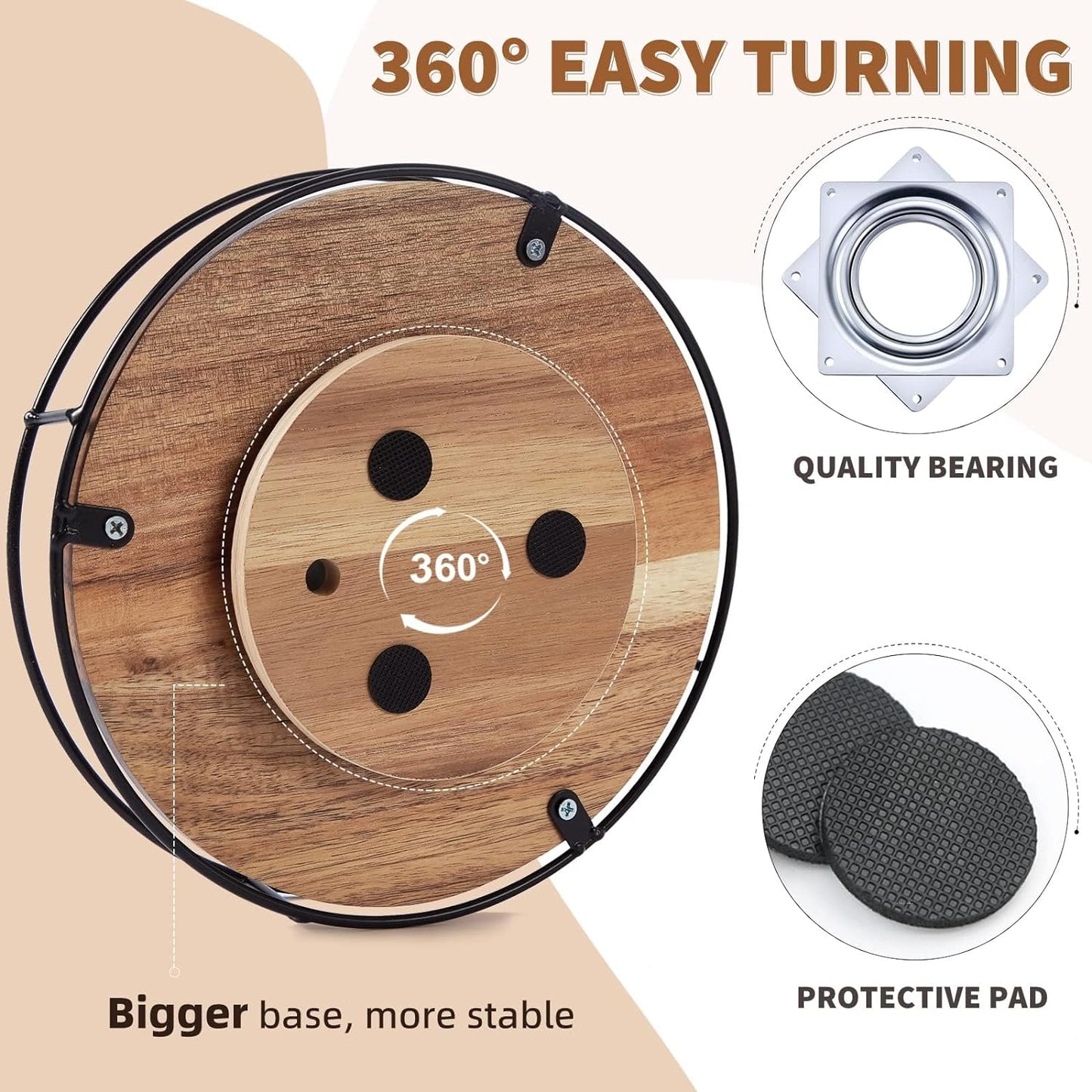 9" Acacia Wood Lazy Susan Turntable, Tomoaza Kitchen Organizer Turntable with Steel Sides, 360 Degree Lazy Susan for Countertop Cabinet or Dining Table