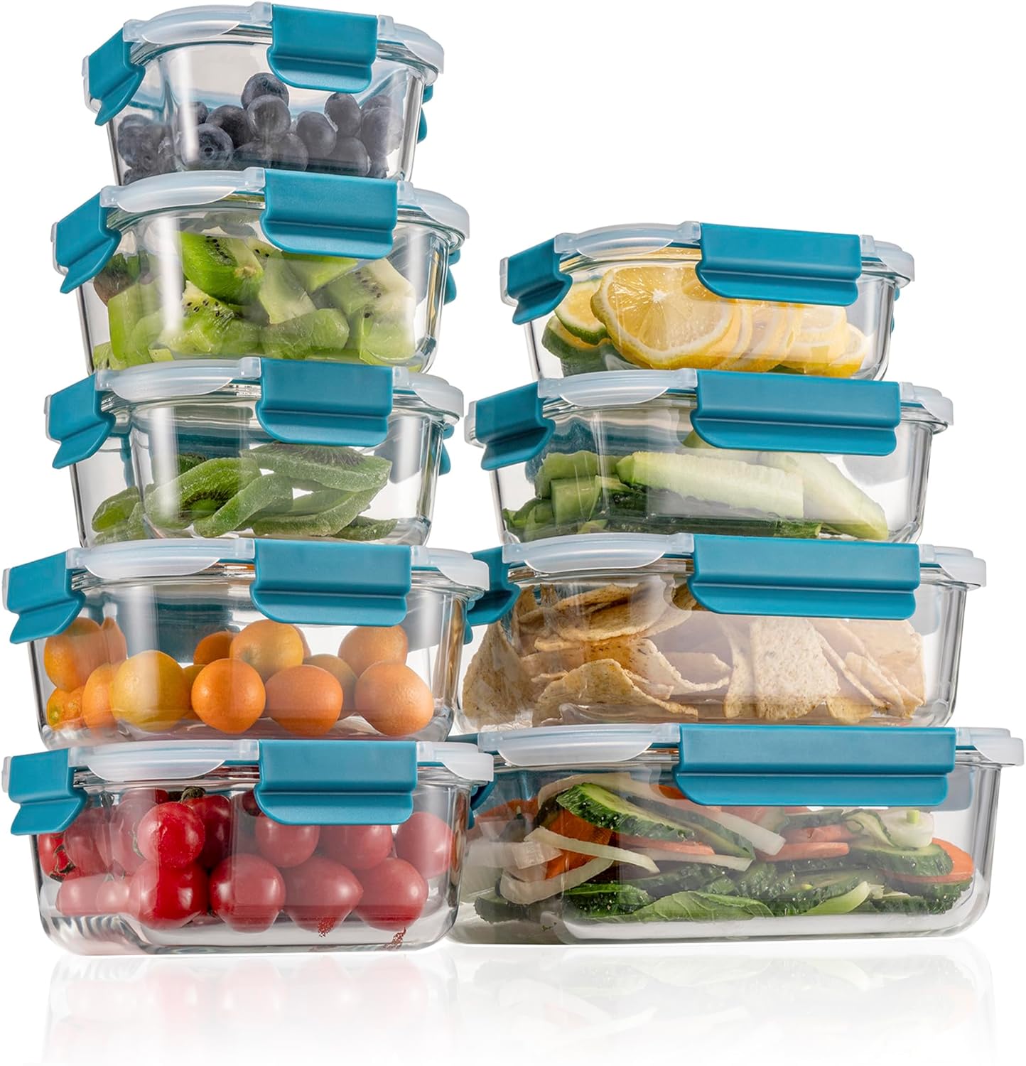 GENICOOK 9-Pack Glass Food Storage Containers with Airtight Lids-Glass Meal Prep Containers/Bento Box/Microwave Freezer Dishwasher Safe-Glass Lunch Box for Kitchen,Stackable,Large Capacity, BPA Free