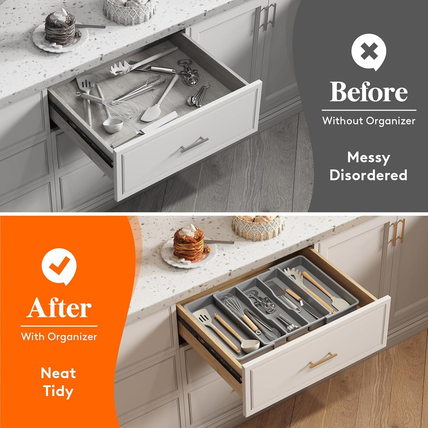 Lifewit Plastic Utensil Organizer for Kitchen Drawers, Expandable 13 to 22.4 Inches Wide, Adjustable Cutlery Silverware Flatware Holder, Kitchen Spatula Tools and Gadgets Storage Divider, Large, Gray