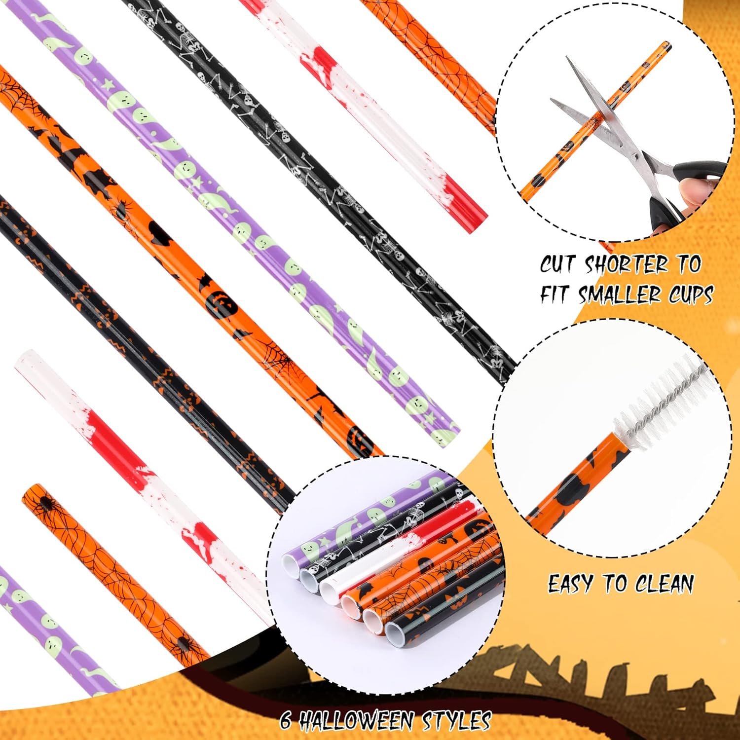 JANYUN 30 Pcs Halloween Reusable Straws 9inch Pumpkin Bat Skeleton Spider Printing Hard Plastic Drinking Straw for Mason Jar Tumbler Family Party Favors Cleaning Brush