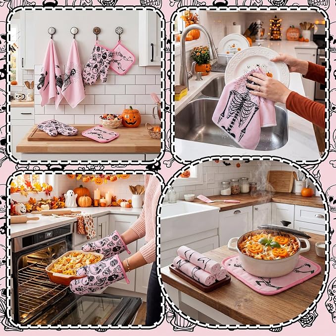 Leinuosen 8 Pcs Skull Kitchen Decor Set Kitchen Towels Gothic Oven Mitts and - Image 5