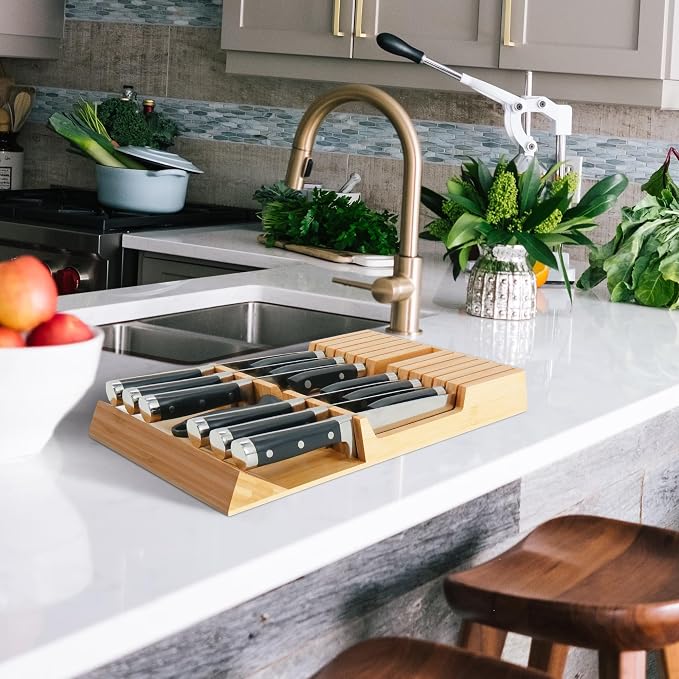 Utoplike in-Drawer Knife Block Bamboo Kitchen Knife Drawer Organizer, Handle - Image 6