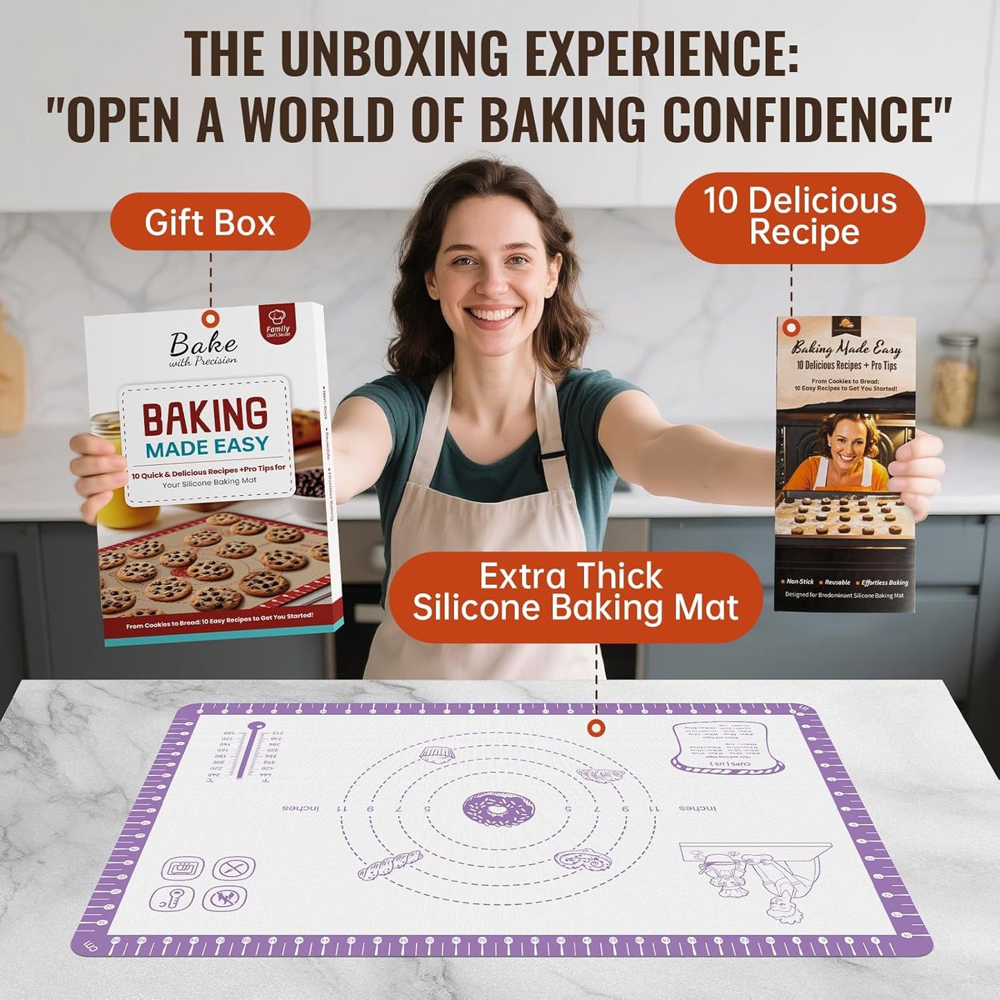 Silicone Pastry Mat with 10 Useful Recipes, Silicone Mat for Baking, Dough Rolling,Bread, Cookie, Macaron, Pizza, Surdough, Non Slip Silcone Mat for Counter, Baking Suppliers Essential